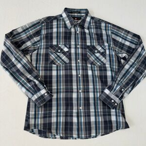 Airwalk Long Sleeve Button-Up Shirt Mens Large Blue Plaid Flap Pockets Skate